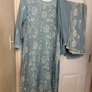 Blue Floral Long Dress with Matching dupatta and pants